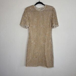 Scala Vintage 70 Formal Evening Off White Cream Pearl Beaded Midi Sheath Dress L